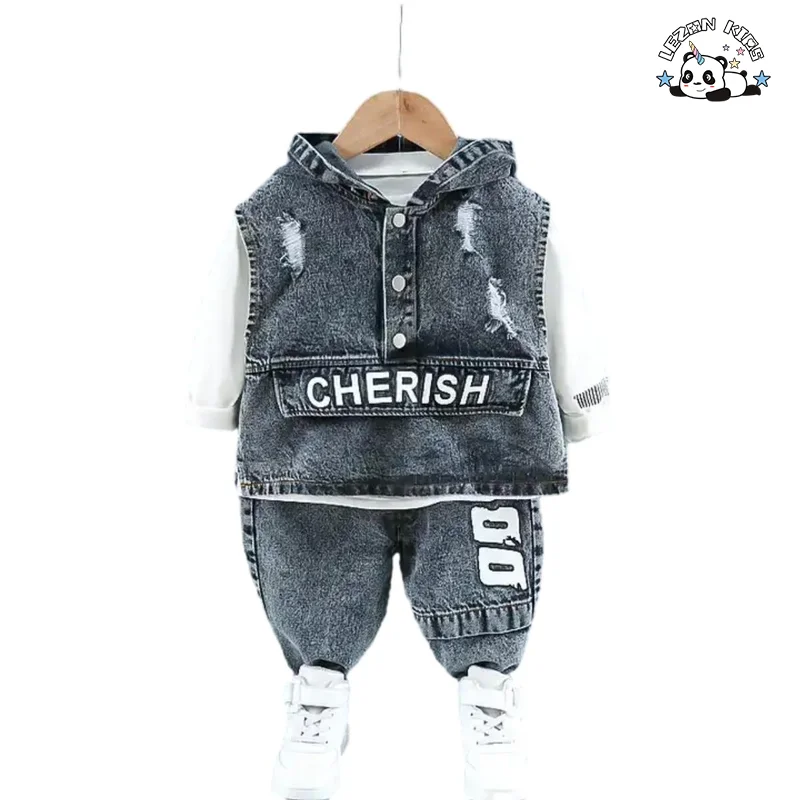 LEZONKIDS - Spring Children's Clothes Unisex Wholesale Autumn  Denim Vest Jeans Three-piece Baby Set